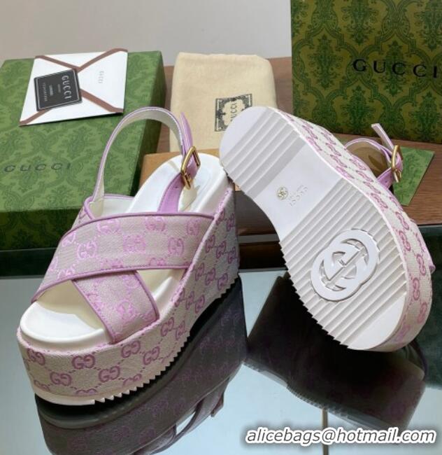 Best Product Gucci GG Denim Platform Wedge Sandals 12cm Purple 605142