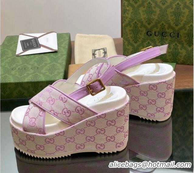 Best Product Gucci GG Denim Platform Wedge Sandals 12cm Purple 605142