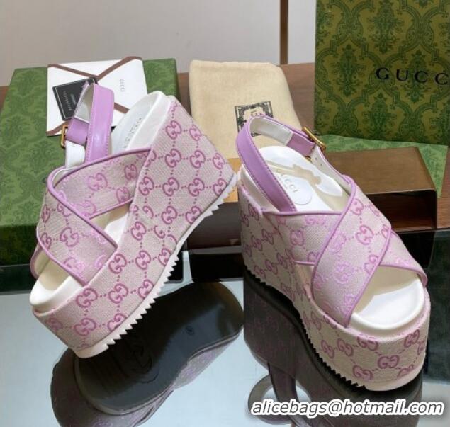 Best Product Gucci GG Denim Platform Wedge Sandals 12cm Purple 605142