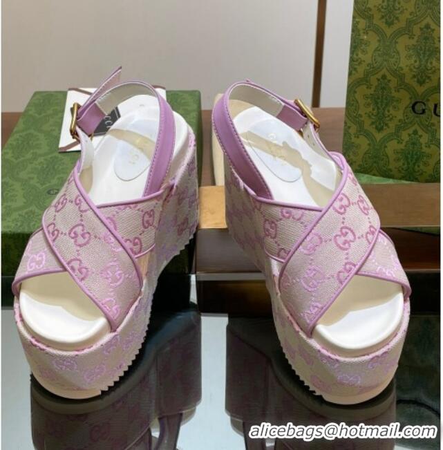 Best Product Gucci GG Denim Platform Wedge Sandals 12cm Purple 605142