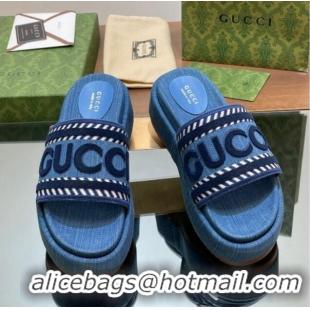 Pretty Style Gucci GG Denim Platform Slides Sandal 5.5cm with GUCCI Script Blue 605143