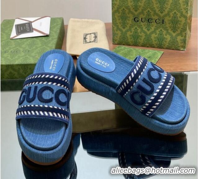 Pretty Style Gucci GG Denim Platform Slides Sandal 5.5cm with GUCCI Script Blue 605143