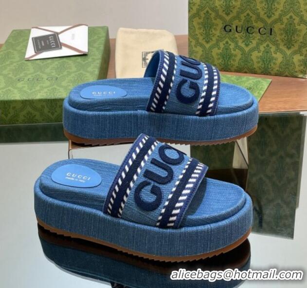 Pretty Style Gucci GG Denim Platform Slides Sandal 5.5cm with GUCCI Script Blue 605143