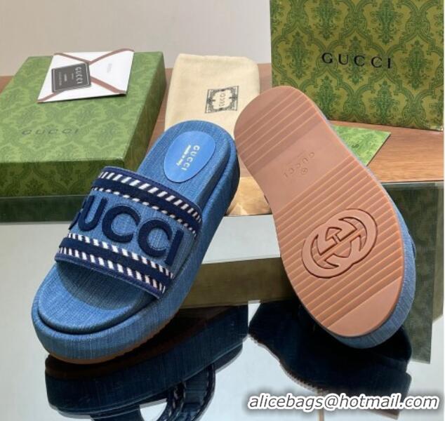 Pretty Style Gucci GG Denim Platform Slides Sandal 5.5cm with GUCCI Script Blue 605143