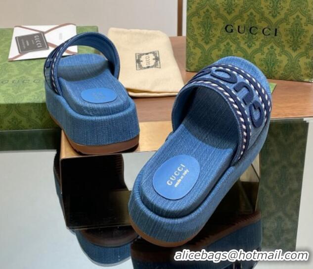 Pretty Style Gucci GG Denim Platform Slides Sandal 5.5cm with GUCCI Script Blue 605143