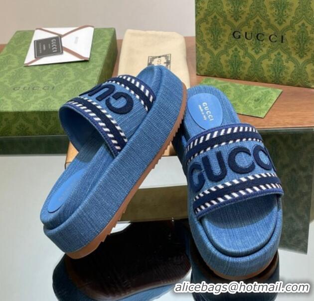 Pretty Style Gucci GG Denim Platform Slides Sandal 5.5cm with GUCCI Script Blue 605143