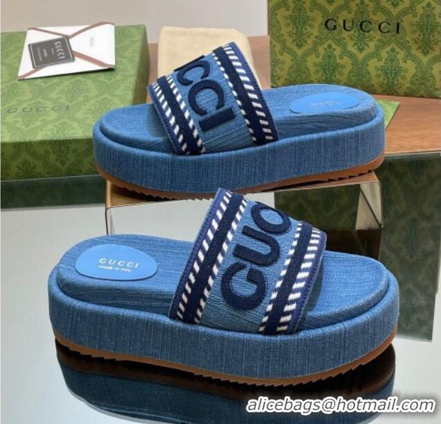 Pretty Style Gucci GG Denim Platform Slides Sandal 5.5cm with GUCCI Script Blue 605143