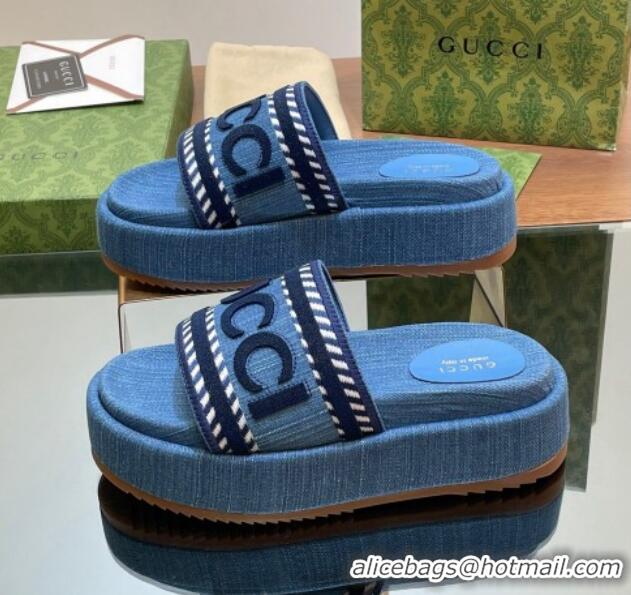 Pretty Style Gucci GG Denim Platform Slides Sandal 5.5cm with GUCCI Script Blue 605143