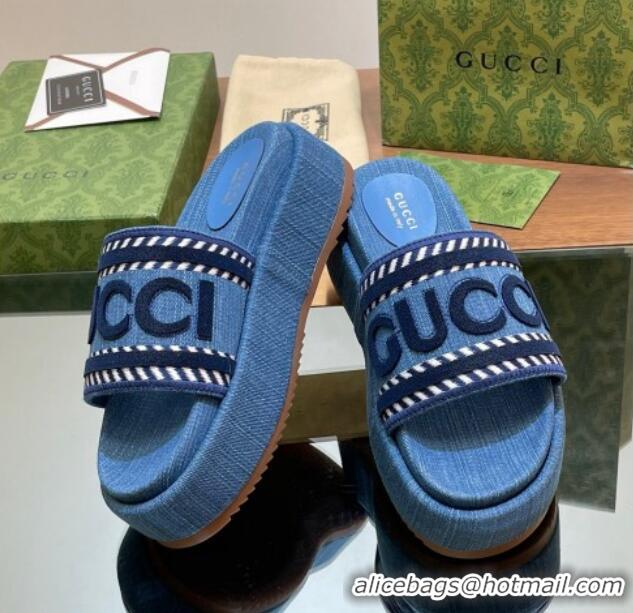 Pretty Style Gucci GG Denim Platform Slides Sandal 5.5cm with GUCCI Script Blue 605143