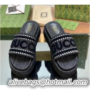 Low Price Gucci GG Denim Platform Slides Sandal 5.5cm with GUCCI Script Black 605144