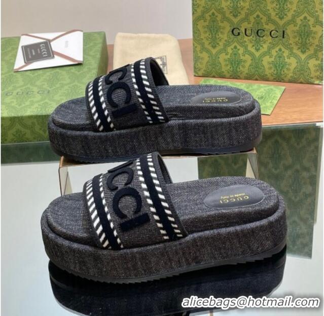 Low Price Gucci GG Denim Platform Slides Sandal 5.5cm with GUCCI Script Black 605144