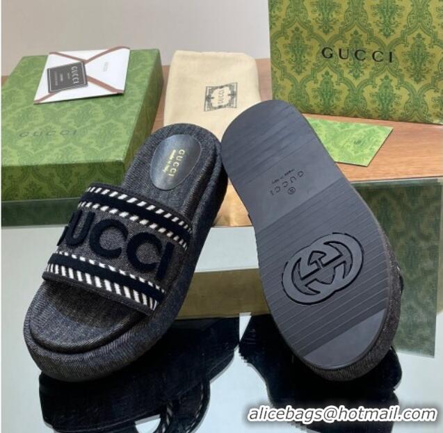 Low Price Gucci GG Denim Platform Slides Sandal 5.5cm with GUCCI Script Black 605144