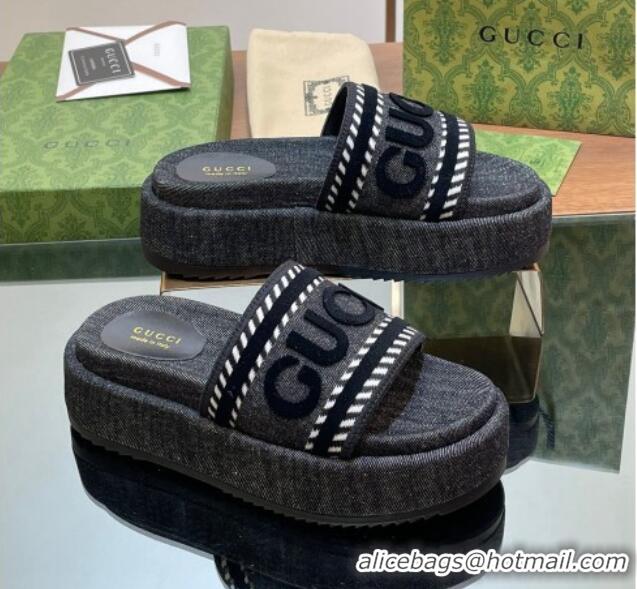 Low Price Gucci GG Denim Platform Slides Sandal 5.5cm with GUCCI Script Black 605144