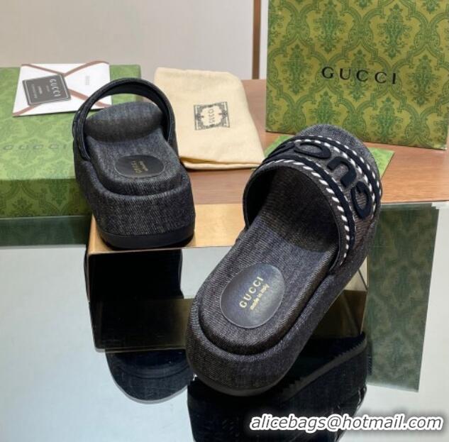 Low Price Gucci GG Denim Platform Slides Sandal 5.5cm with GUCCI Script Black 605144