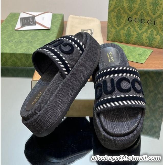 Low Price Gucci GG Denim Platform Slides Sandal 5.5cm with GUCCI Script Black 605144