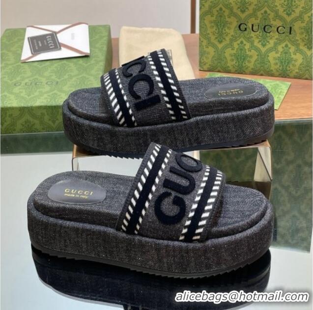 Low Price Gucci GG Denim Platform Slides Sandal 5.5cm with GUCCI Script Black 605144