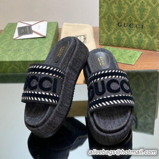 Low Price Gucci GG Denim Platform Slides Sandal 5.5cm with GUCCI Script Black 605144