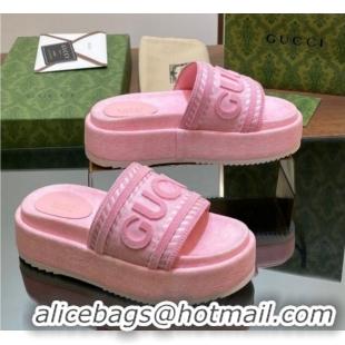 Low Price Gucci GG Denim Platform Slides Sandal 5.5cm with GUCCI Script Pink 605145