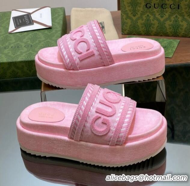 Low Price Gucci GG Denim Platform Slides Sandal 5.5cm with GUCCI Script Pink 605145