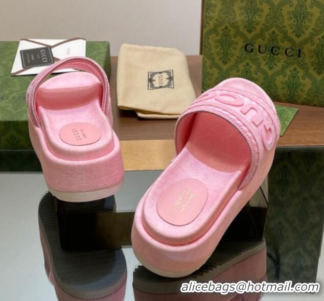 Low Price Gucci GG Denim Platform Slides Sandal 5.5cm with GUCCI Script Pink 605145