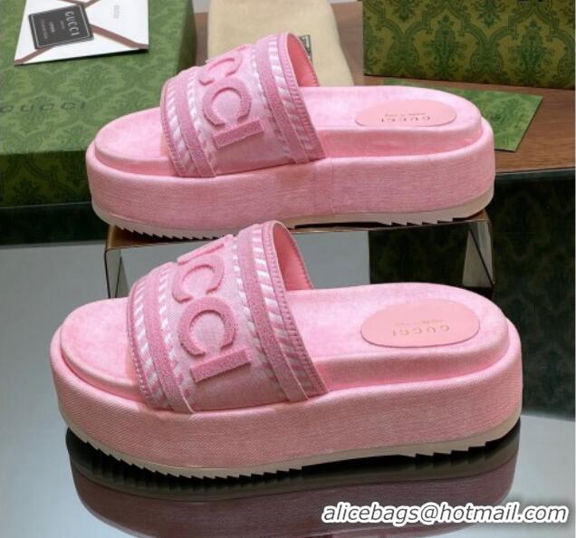 Low Price Gucci GG Denim Platform Slides Sandal 5.5cm with GUCCI Script Pink 605145