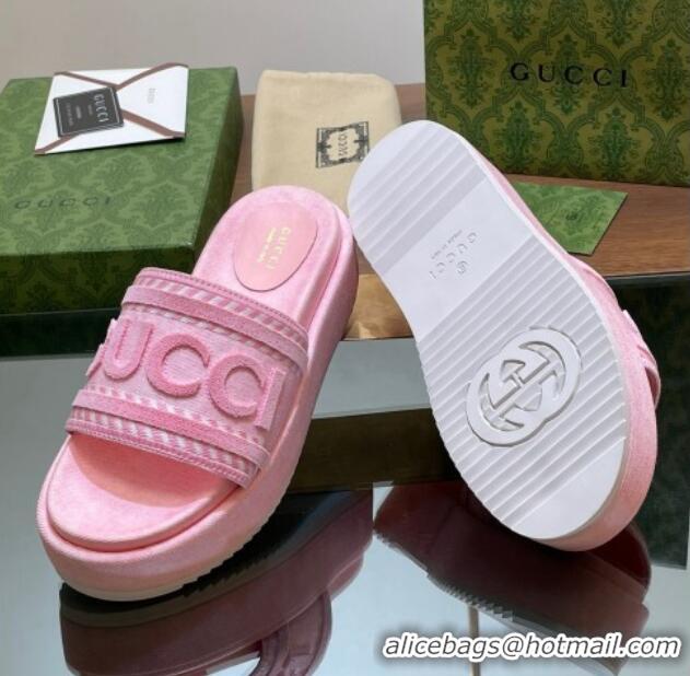 Low Price Gucci GG Denim Platform Slides Sandal 5.5cm with GUCCI Script Pink 605145