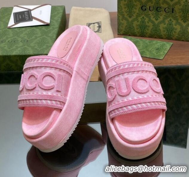 Low Price Gucci GG Denim Platform Slides Sandal 5.5cm with GUCCI Script Pink 605145