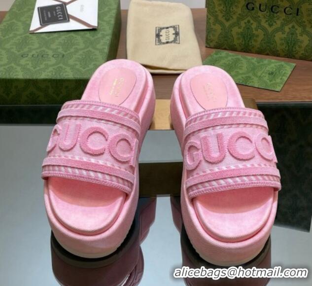 Low Price Gucci GG Denim Platform Slides Sandal 5.5cm with GUCCI Script Pink 605145