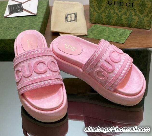 Low Price Gucci GG Denim Platform Slides Sandal 5.5cm with GUCCI Script Pink 605145