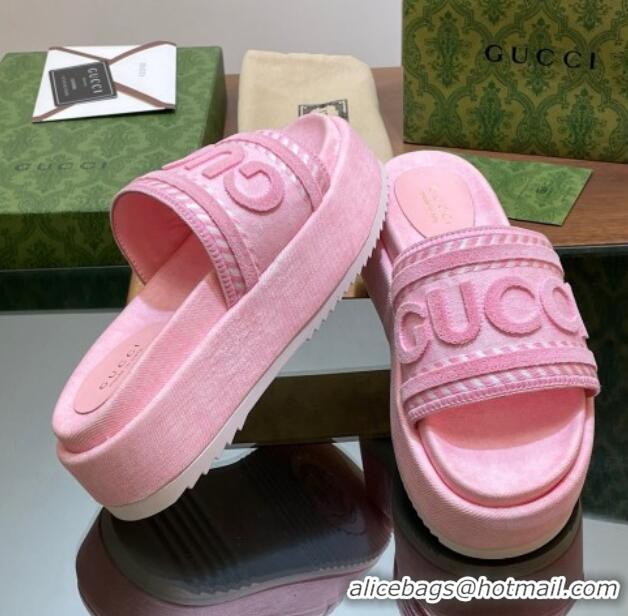 Low Price Gucci GG Denim Platform Slides Sandal 5.5cm with GUCCI Script Pink 605145