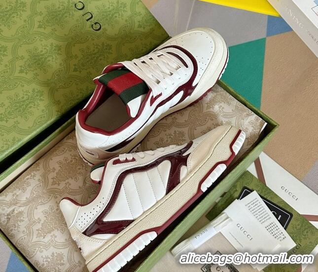 Most Popular Gucci Re-Web Sneakers in Patchwork Leather White/Dark Burgundy 605146