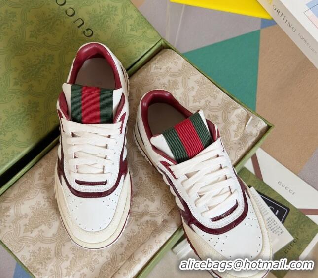 Most Popular Gucci Re-Web Sneakers in Patchwork Leather White/Dark Burgundy 605146