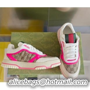 Good Quality Gucci Re-Web Sneakers in Leather and GG Canvas White/Fluorescent Pink 605148