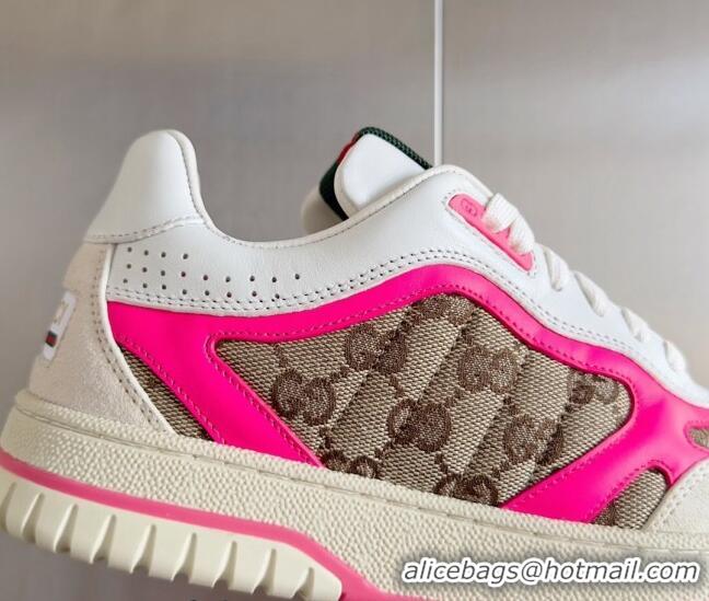 Good Quality Gucci Re-Web Sneakers in Leather and GG Canvas White/Fluorescent Pink 605148