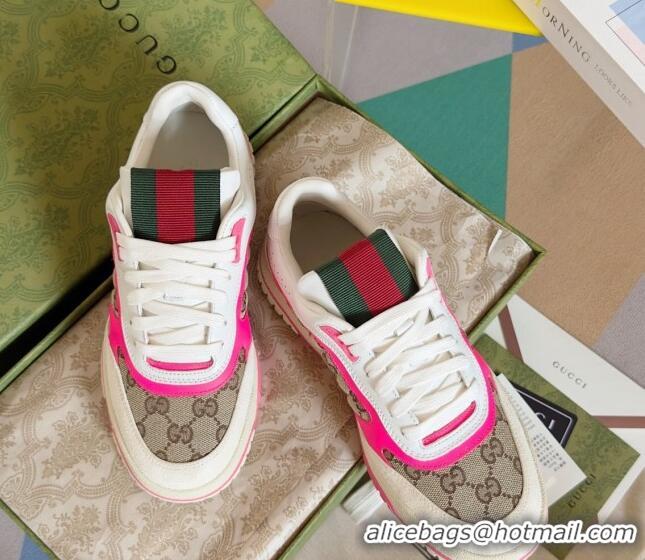 Good Quality Gucci Re-Web Sneakers in Leather and GG Canvas White/Fluorescent Pink 605148