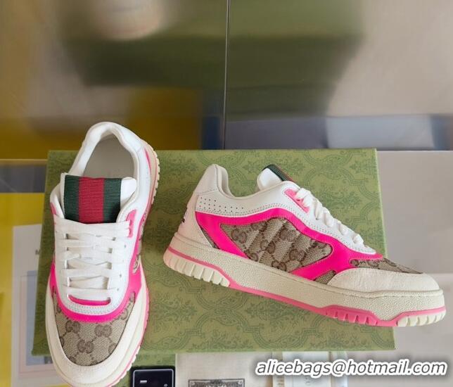 Good Quality Gucci Re-Web Sneakers in Leather and GG Canvas White/Fluorescent Pink 605148