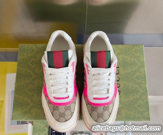 Good Quality Gucci Re-Web Sneakers in Leather and GG Canvas White/Fluorescent Pink 605148