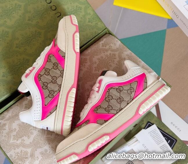 Good Quality Gucci Re-Web Sneakers in Leather and GG Canvas White/Fluorescent Pink 605148