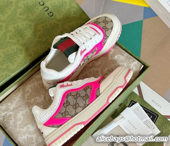 Good Quality Gucci Re-Web Sneakers in Leather and GG Canvas White/Fluorescent Pink 605148