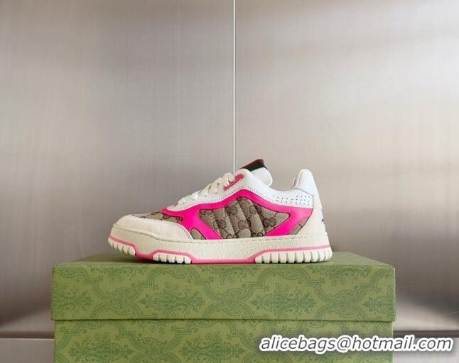 Good Quality Gucci Re-Web Sneakers in Leather and GG Canvas White/Fluorescent Pink 605148