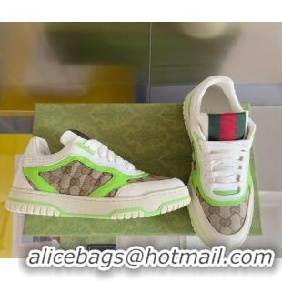 Classic Hot Gucci Re-Web Sneakers in Leather and GG Canvas White/Fluorescent Green 605149