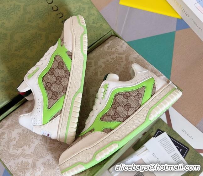 Classic Hot Gucci Re-Web Sneakers in Leather and GG Canvas White/Fluorescent Green 605149