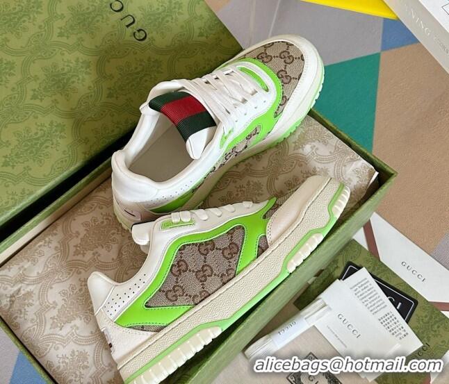 Classic Hot Gucci Re-Web Sneakers in Leather and GG Canvas White/Fluorescent Green 605149