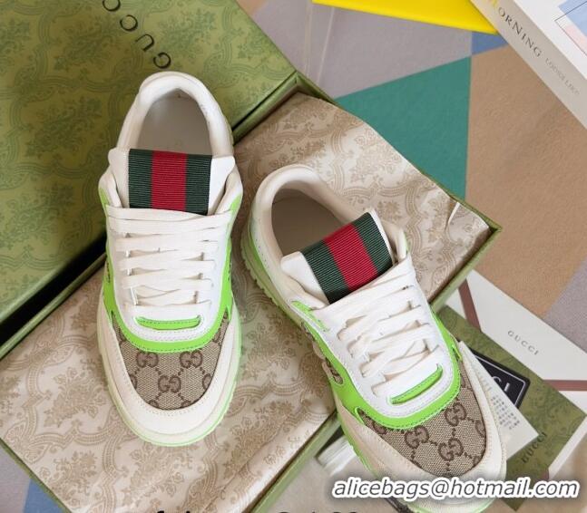 Classic Hot Gucci Re-Web Sneakers in Leather and GG Canvas White/Fluorescent Green 605149