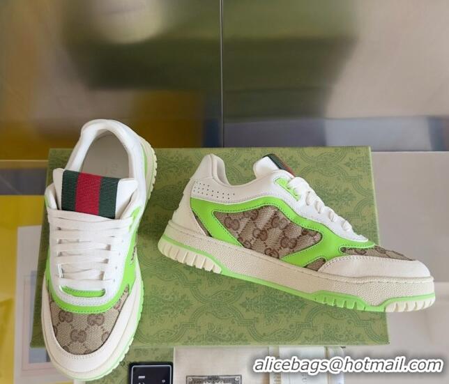 Classic Hot Gucci Re-Web Sneakers in Leather and GG Canvas White/Fluorescent Green 605149