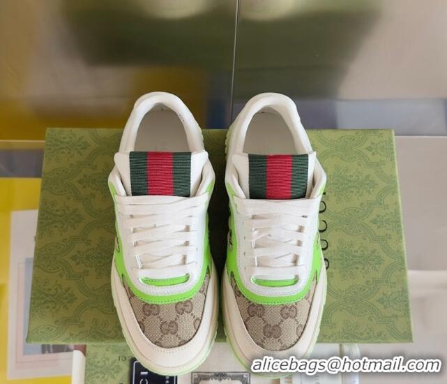 Classic Hot Gucci Re-Web Sneakers in Leather and GG Canvas White/Fluorescent Green 605149