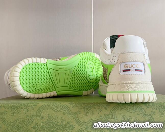 Classic Hot Gucci Re-Web Sneakers in Leather and GG Canvas White/Fluorescent Green 605149