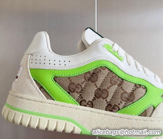 Classic Hot Gucci Re-Web Sneakers in Leather and GG Canvas White/Fluorescent Green 605149