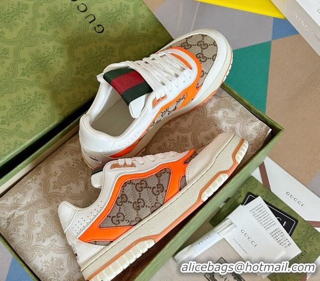 Good Product Gucci Re-Web Sneakers in Leather and GG Canvas White/Fluorescent Orange 605150