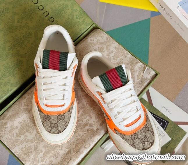 Good Product Gucci Re-Web Sneakers in Leather and GG Canvas White/Fluorescent Orange 605150